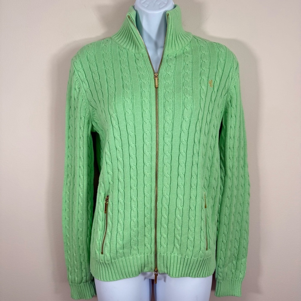 NWOT Lauren Ralph Lauren Y2K Women’s Green Cable Knit Sweater Full Zip M - Picture 6 of 10